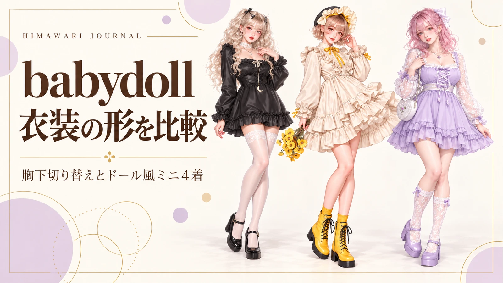 babydollの衣装比較。黒・生成り・ライラックのドール風ミニドレスを着た成人女性3人