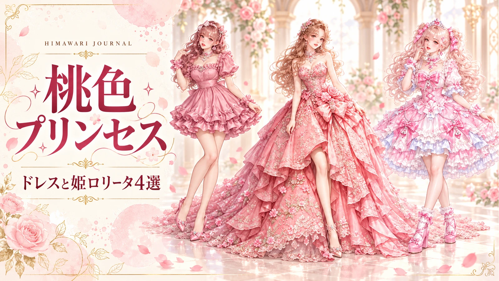 桃色プリンセス。ミニドレス・薔薇ガウン・姫ロリータを着た成人女性3人
