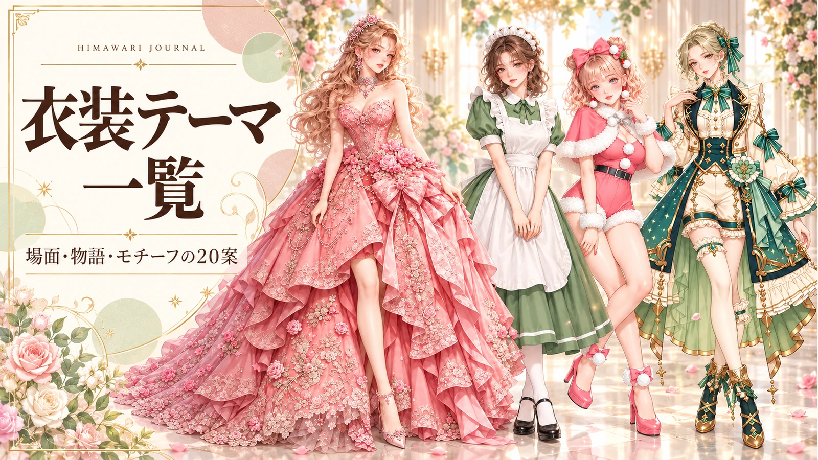 衣装テーマ一覧。薔薇ガウン・セージのメイド・桃色サンタ・星のテールコートを着た成人女性4人