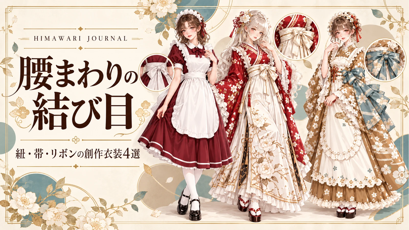 腰まわりの結び目。メイド服と和風衣装の帯やリボンを比較する特集