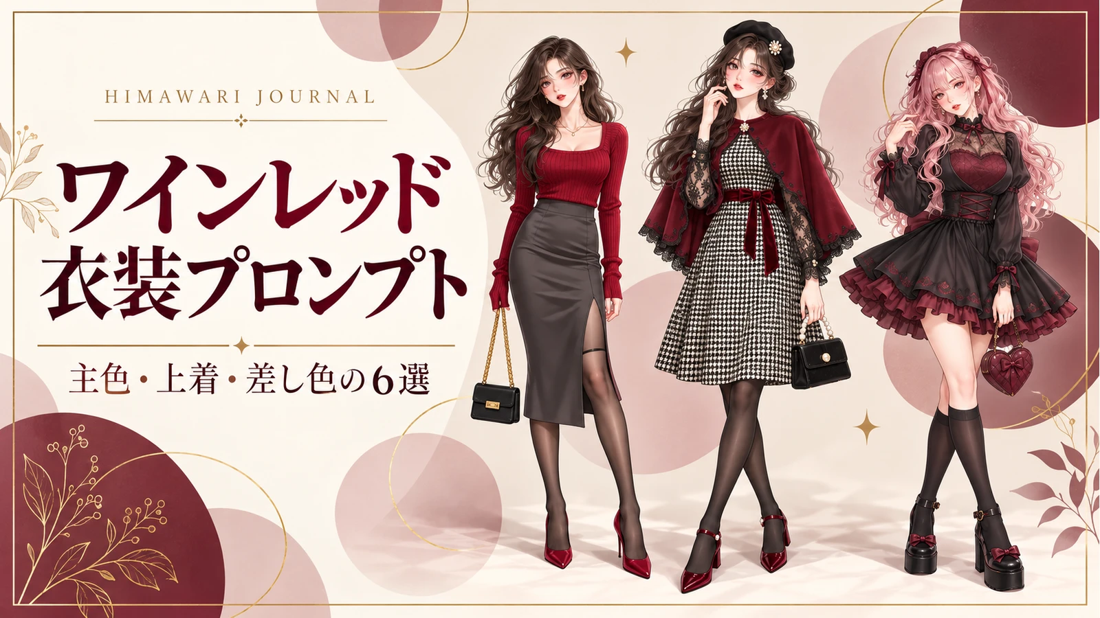 ワインレッドの衣装プロンプト。ニット・ケープ・黒と深紅のドレスを着た成人女性3人