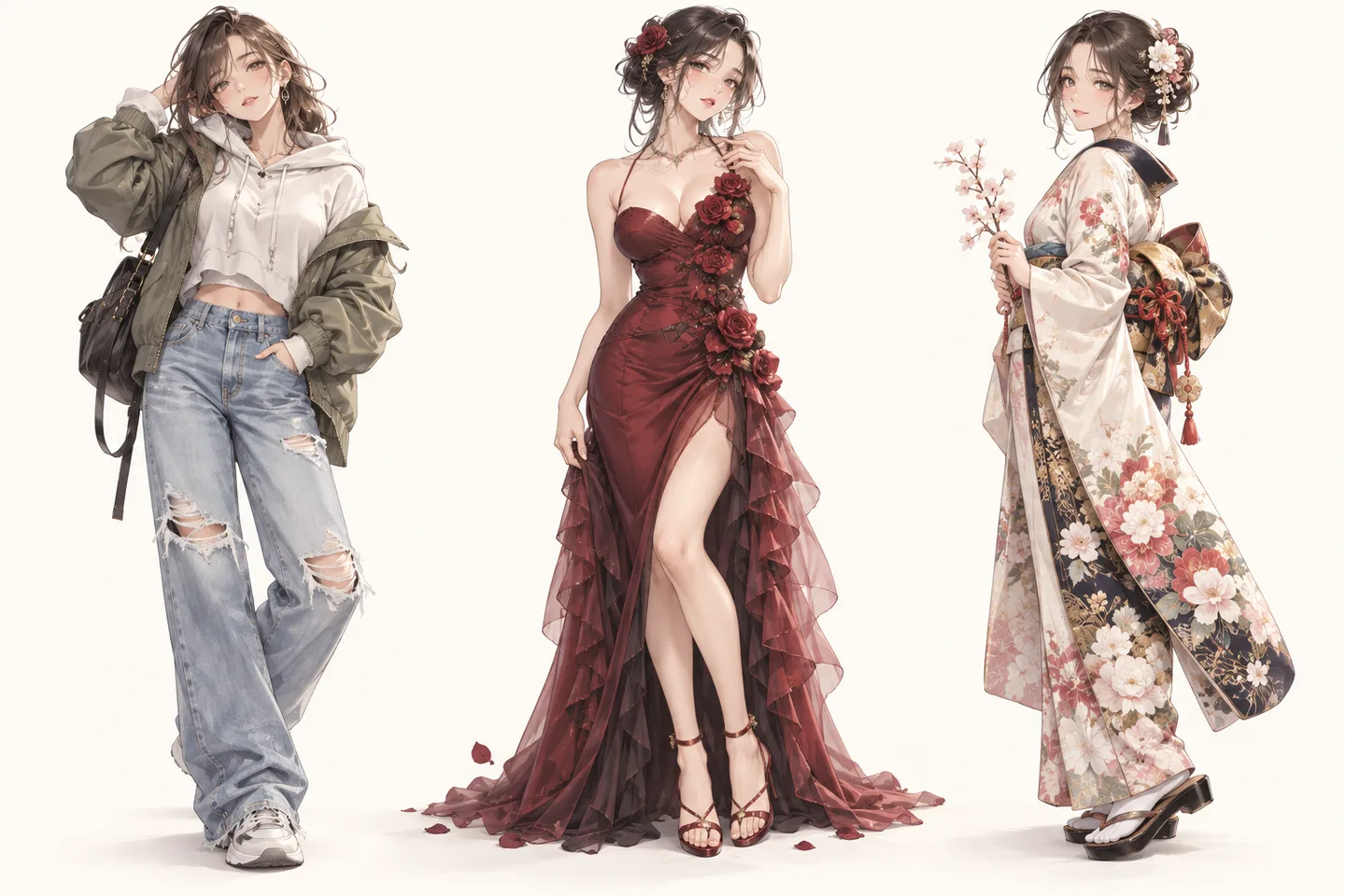 私服、ドレス、和服を着た成人女性の衣装イラスト