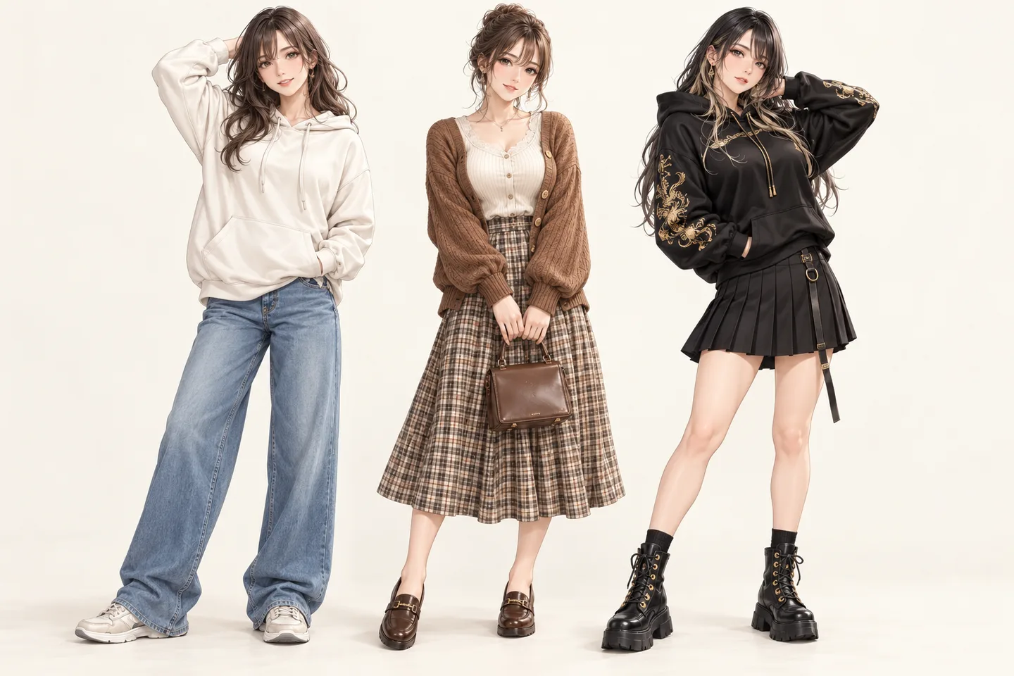 パーカー、カーディガン、ストリート服を着た成人女性3人の私服イラスト