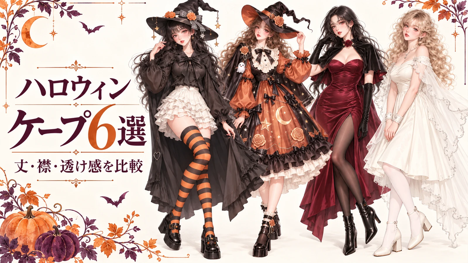 黒いロングケープの魔女、銅色の魔女、葡萄酒色の吸血鬼、生成りのゴースト衣装を比較するハロウィンケープ6選の表紙