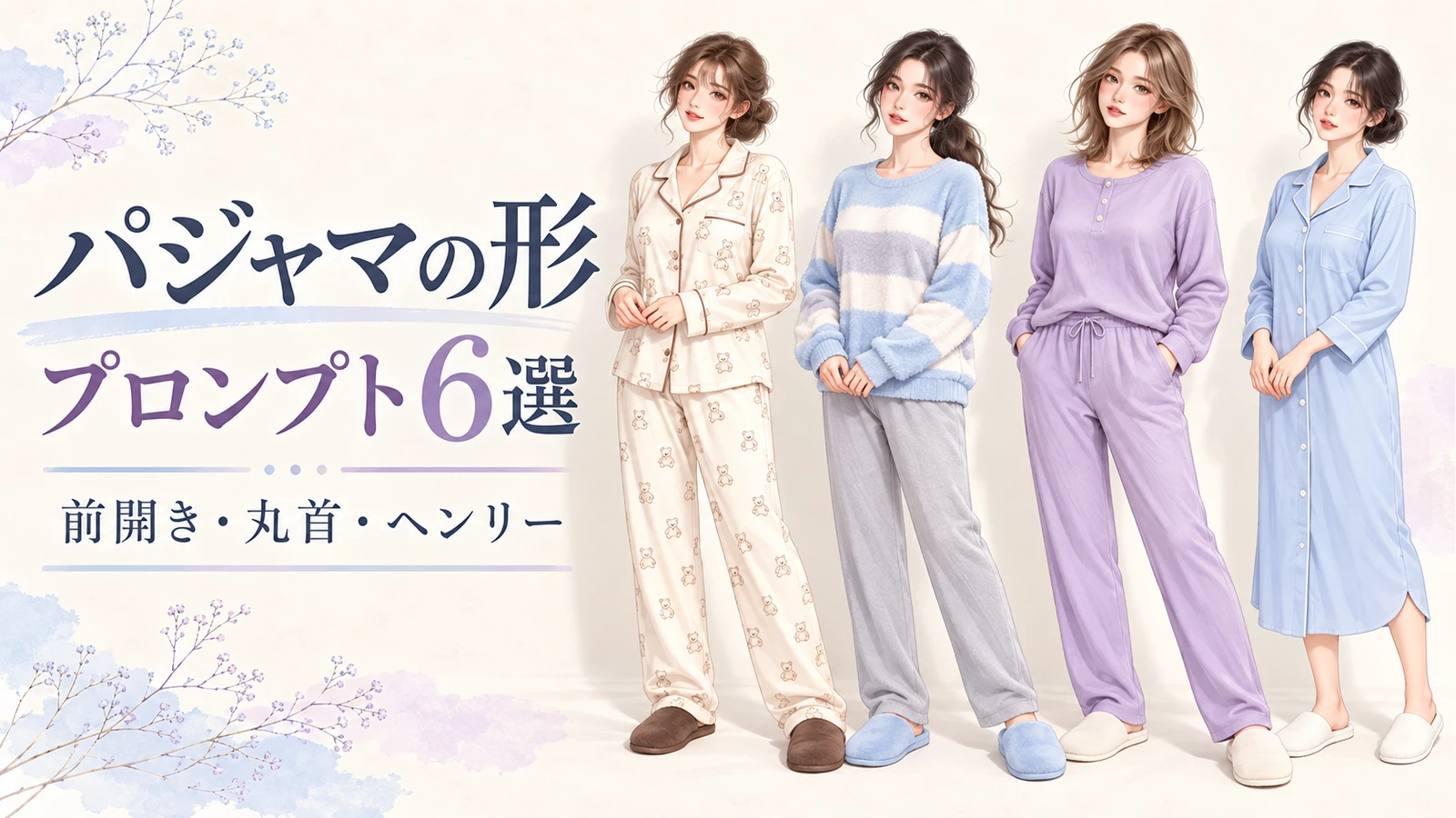 くま柄の前開きパジャマ、青灰の丸首、ラベンダーのヘンリー、水色シャツワンピを比べるパジャマの形6選の表紙