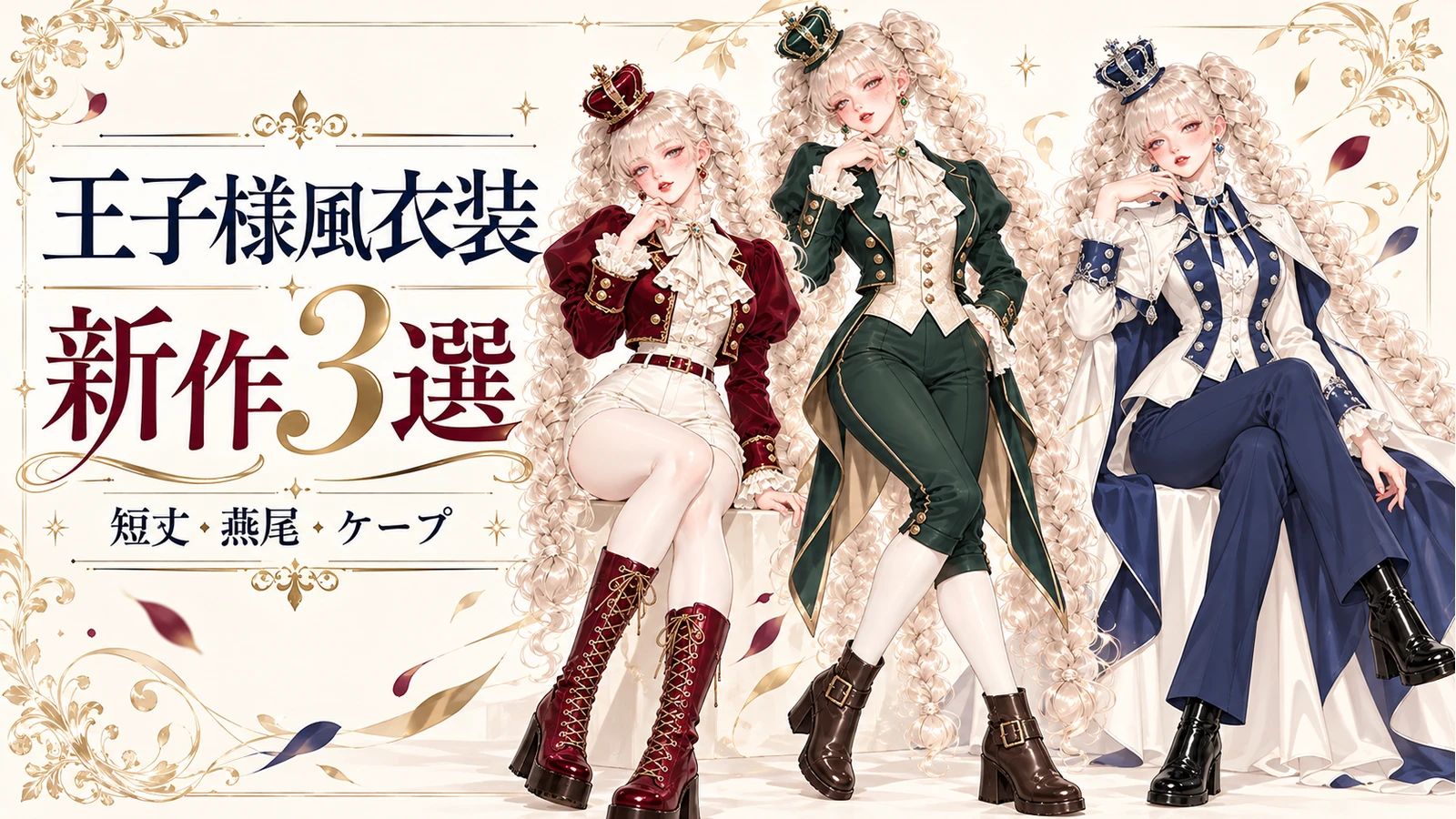 成人女性のボルドー短丈ジャケット、深緑の燕尾、生成りケープと紺パンツを比較する王子様風衣装の新作3選