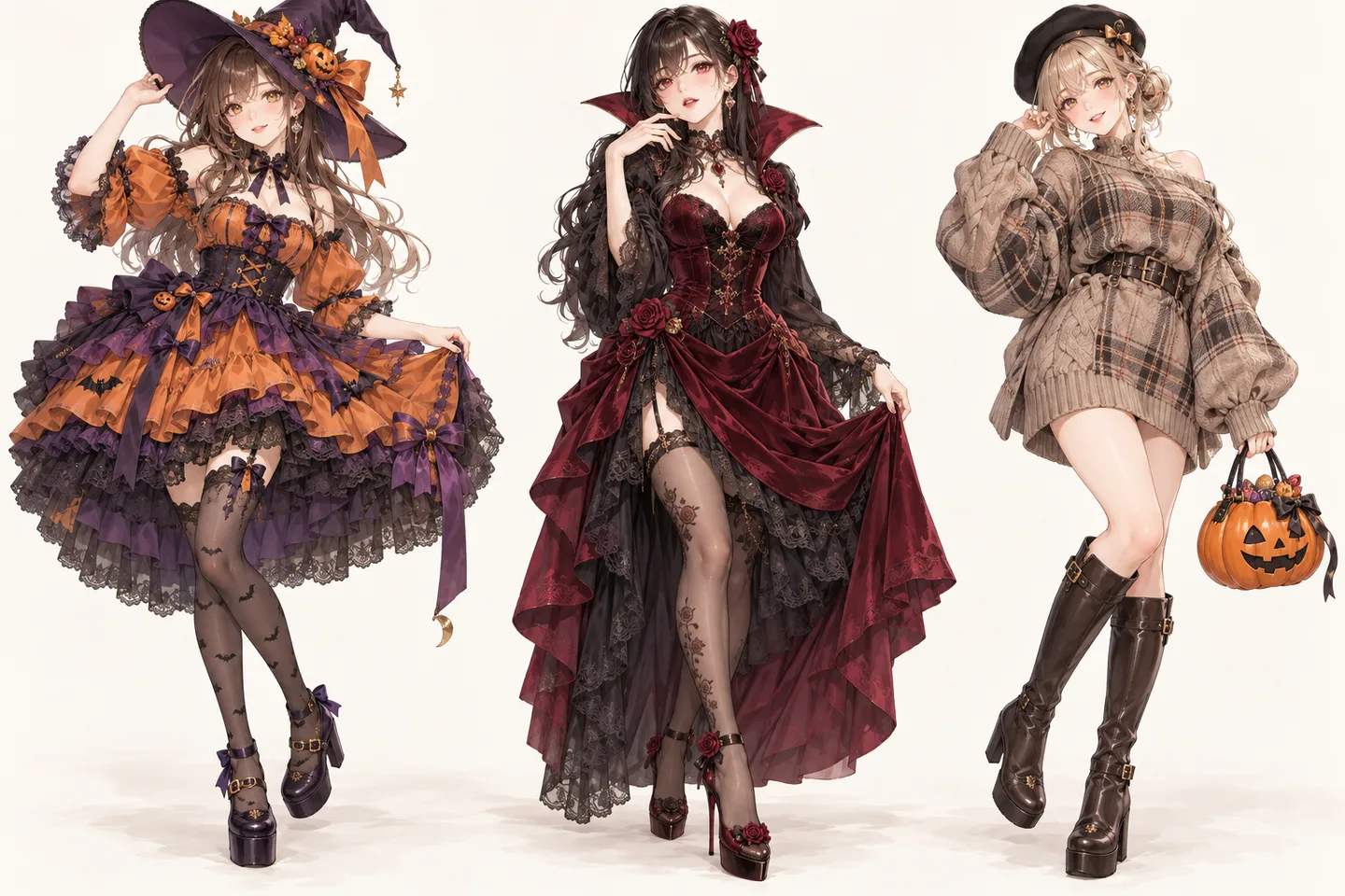 魔女、ヴァンパイア、街着風ハロウィン衣装を着た成人女性3人のイラスト