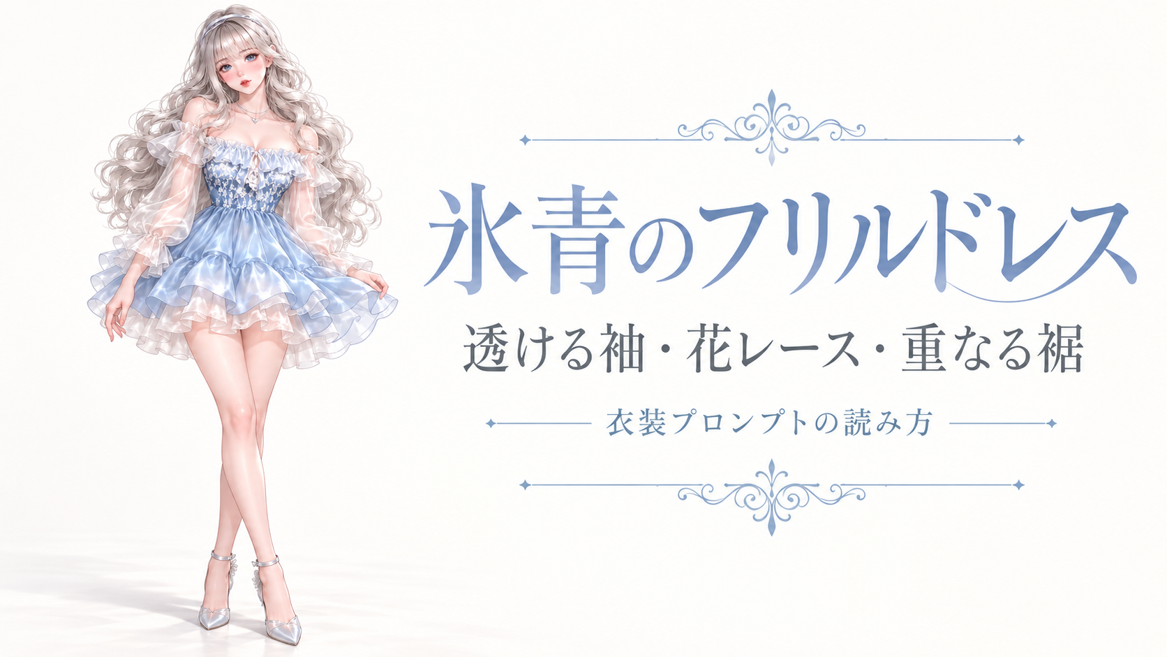 氷青のフリルドレスを着た成人女性と、透ける袖・花レース・重なる裾を紹介する記事の表紙