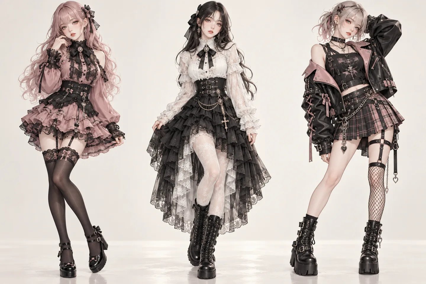 成人女性3人がピンクと黒の甘め、白黒ゴシック、甘辛パンクの全身コーデを着たイラスト