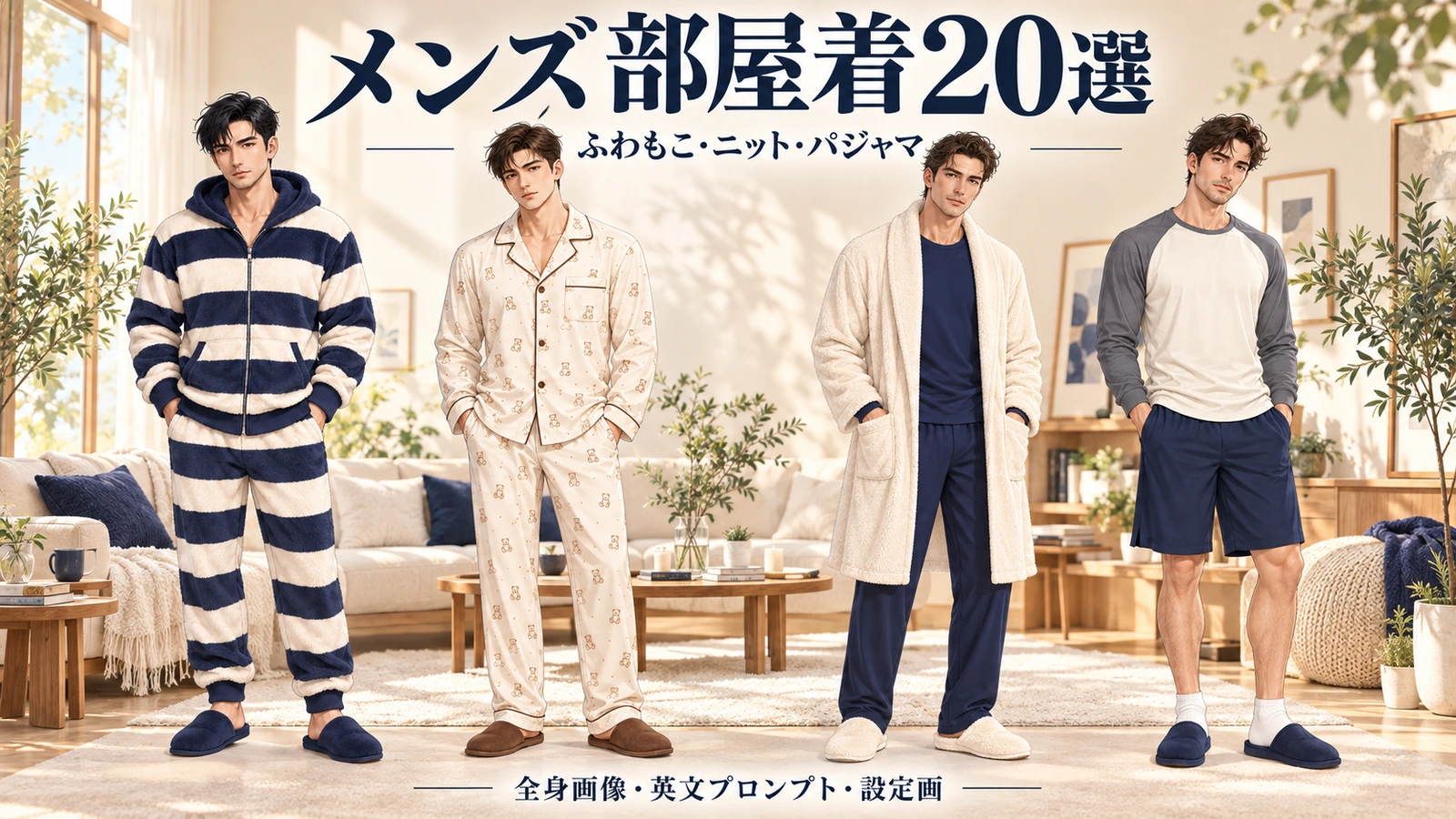 紺ボーダーのふわもこ上下、生成りのくま柄パジャマ、ローブ、ラグランとショーツを着た成人男性4人と「メンズ部屋着20選」の表紙
