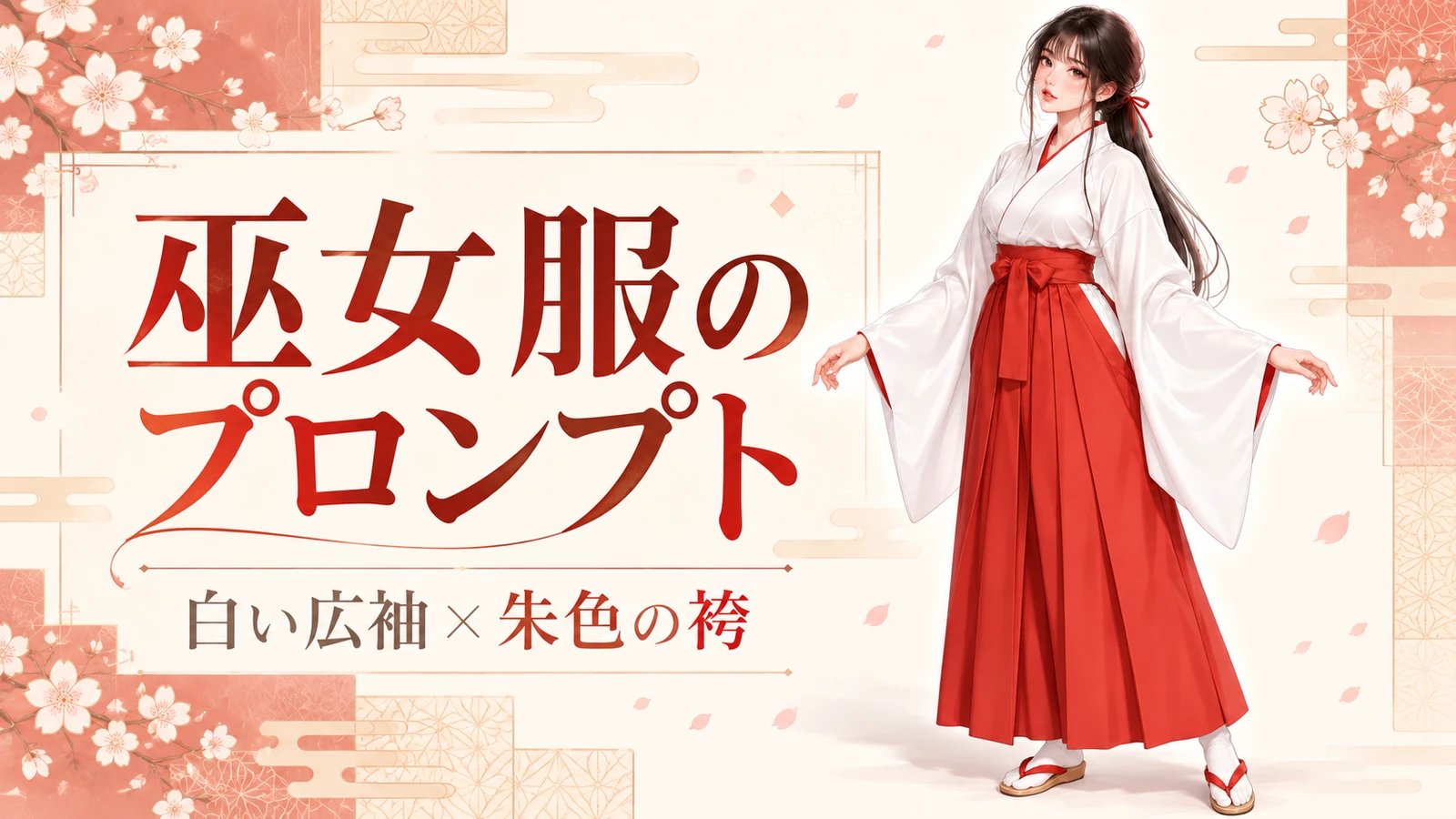 白い広袖と朱色の袴、白足袋と赤い鼻緒の草履を着けた成人女性と「巫女服のプロンプト」の文字を配した横長表紙