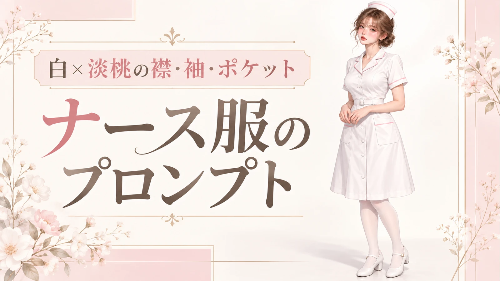 白と淡桃ラインのナース風ワンピースを着た成人女性と「ナース服のプロンプト」の文字を配した横長表紙