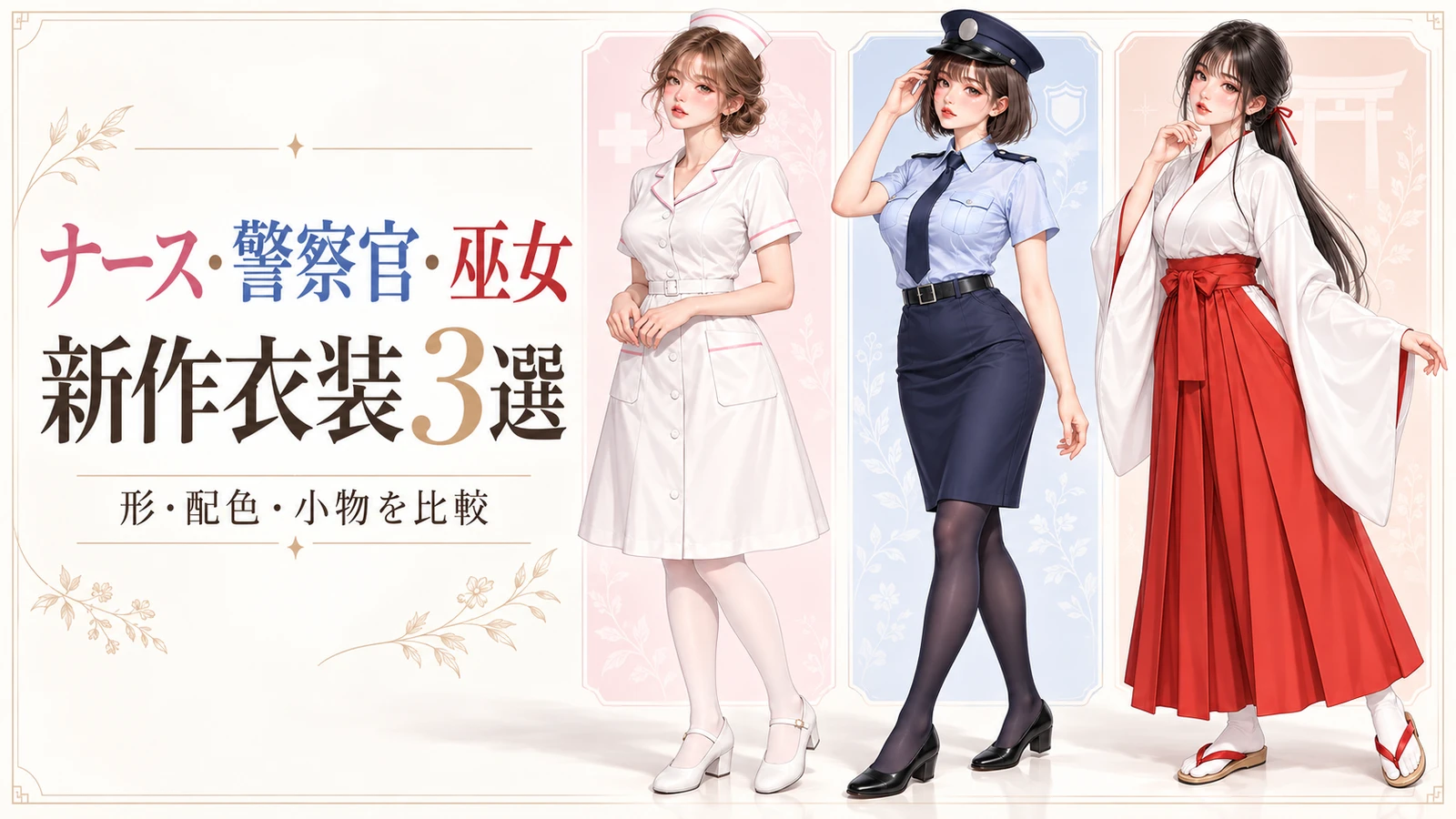 白淡桃のナース風、水色シャツと紺スカートの警察官風、白広袖と朱色袴の巫女風を着た成人女性3人と「新作衣装3選」の文字を配した横長表紙