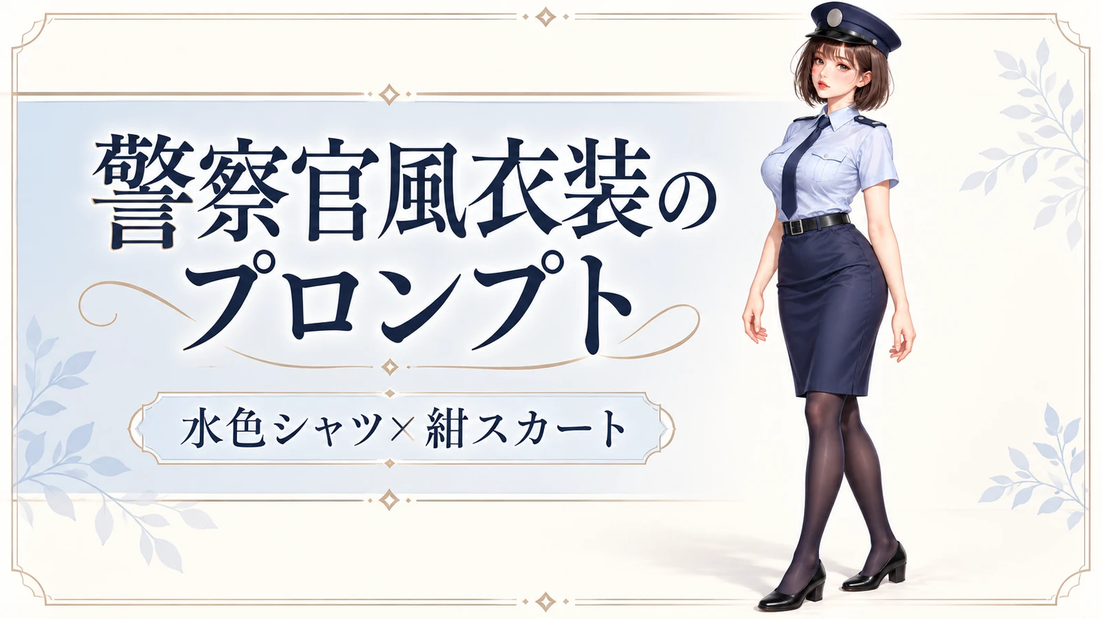 水色シャツと紺スカート、制帽を身に着けた成人女性と「警察官風衣装のプロンプト」の文字を配した横長表紙