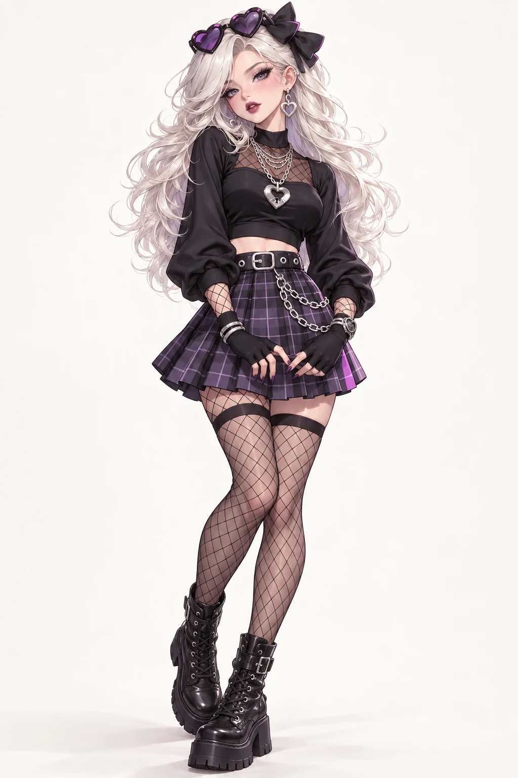 紫チェックのミニスカート、黒い長袖と腰の銀チェーン、黒い厚底ブーツを合わせた成人女性のパンク衣装