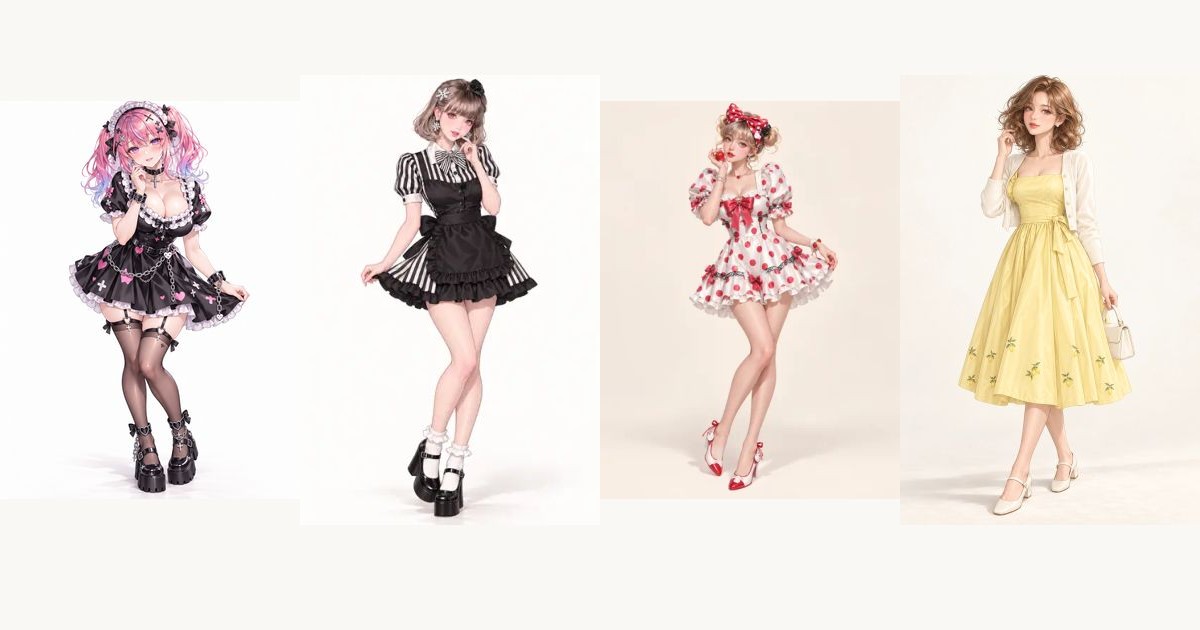 髪の黒いリボン、襟元のストライプリボン、赤い水玉の髪飾り、黄色い腰サッシュを使う4着のAI衣装比較