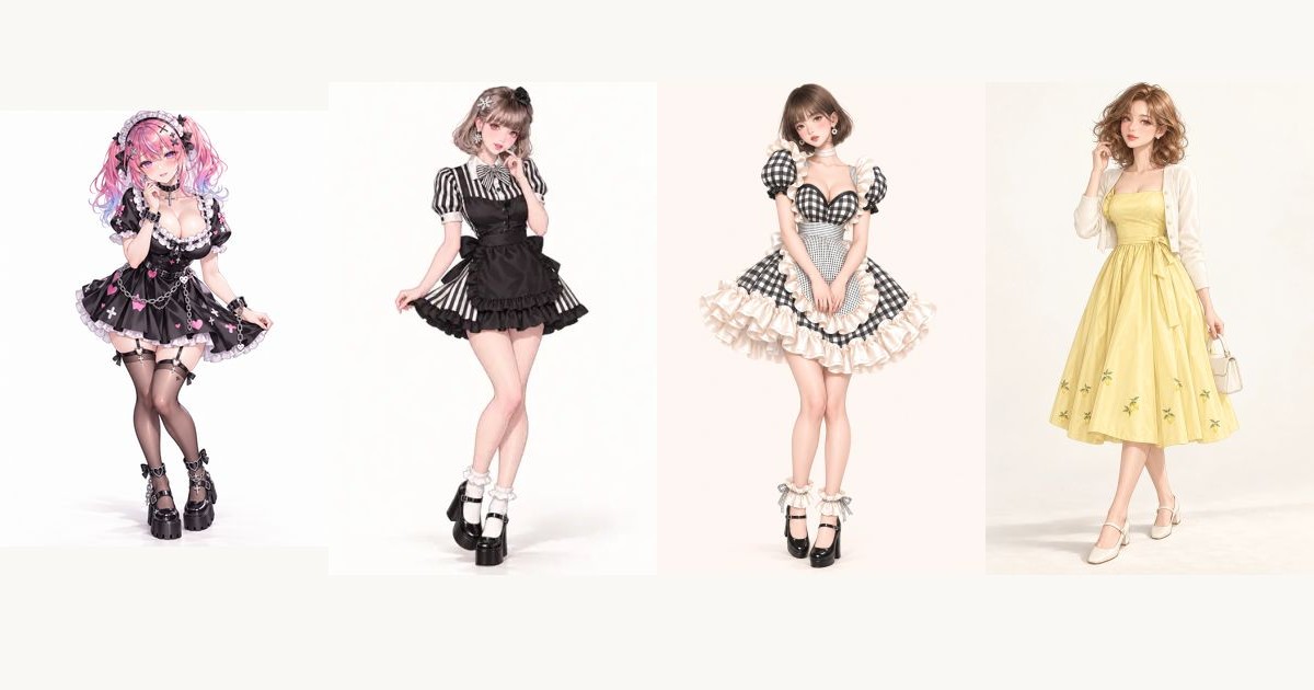 黒い厚底靴と長い暗色ストッキング、白フリルソックス、足首カフス、生成りの低いヒール靴を合わせた4着のAI衣装比較