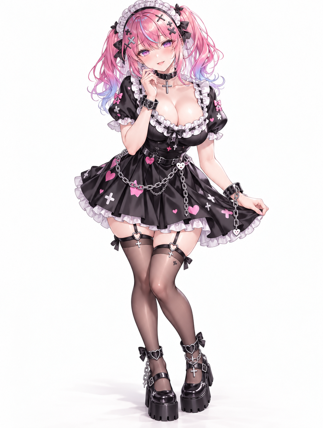 黒いハート柄ドレスと銀チェーン、桃色と水色のツインテールを合わせた成人女性の病みかわ衣装見本